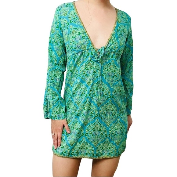 Victorias Secret Green and Gold Trim Paisley Caftan Tunic - Picture 1 of 11